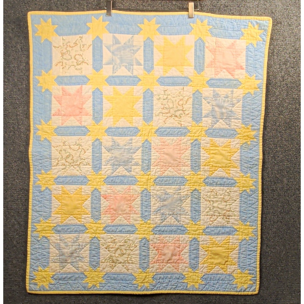 Handmade Quilted Cotton Crib Quilt, Multicolor Star Patchwork Unisex 32x38